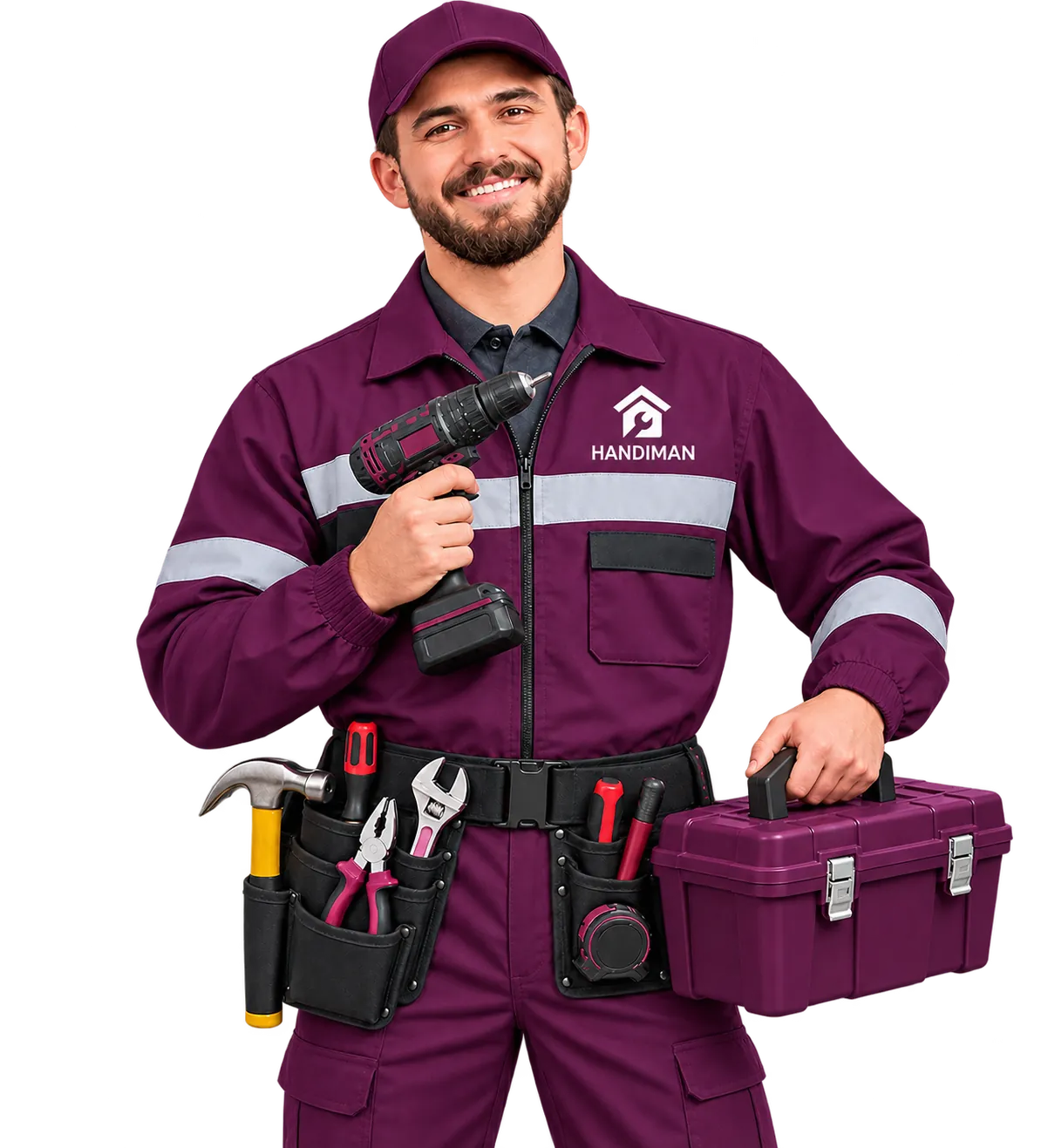 Handiman professional holding a cordless drill and a tool box